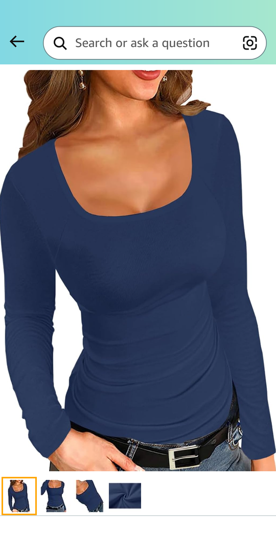 Reoria Women Ribbed Long Sleeve Square Neck Slim Fit Stretchy Basic T Shirts Tops M