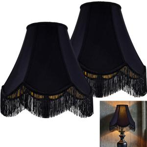 GO&SO Black Silk Bell Lamp Shades Set of 2 -Petal Edge Braid with Black Fringe Trim, 6"x13"x10.6"(Spider), Classic Scalloped Lamp Shade, Replacement Lampshades for Table, Floor Lamps, Easy Assembly