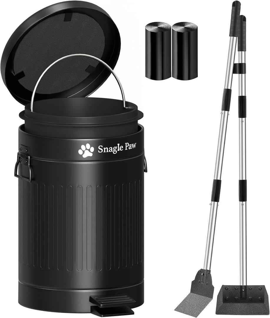 Snagle Paw Metal Dog Pooper Scooper Set,Poop Scooper for Large/Small Dogs with 38.2" Long Handle Tray & Spade,12L Dog Poop Trash Can for Yard with OdorLock Lid & Carbon Filter, Includes 40 Waste Bags