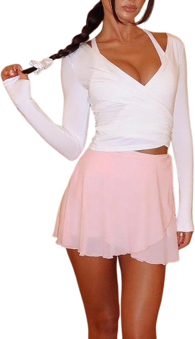 Dancenter Women Crop Wrap Top Thumb Hole Long Sleeve Active Self Tie Workout Shirt Ballet Pilates Yoga Wrap Tops (Small, White)