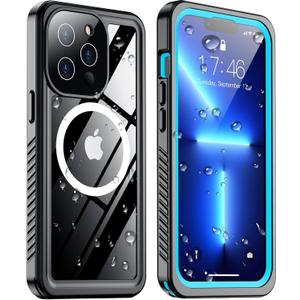 Temdan Magnetic for iPhone 13 Pro Max Case Waterproof,Built-in Screen Protector[IP68 Underwater][Upgrade Military Dropproof][Compatible with MagSafe] Full Body Shockproof Translucent Case 6.7''-Blue