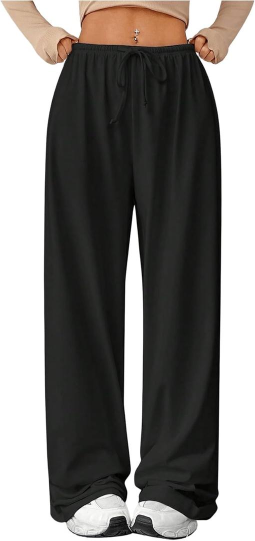 Verdusa Women's Loose Wide Leg Sweatpants Elastic Drawstring Waist Casual Long Pants (Medium, Black)