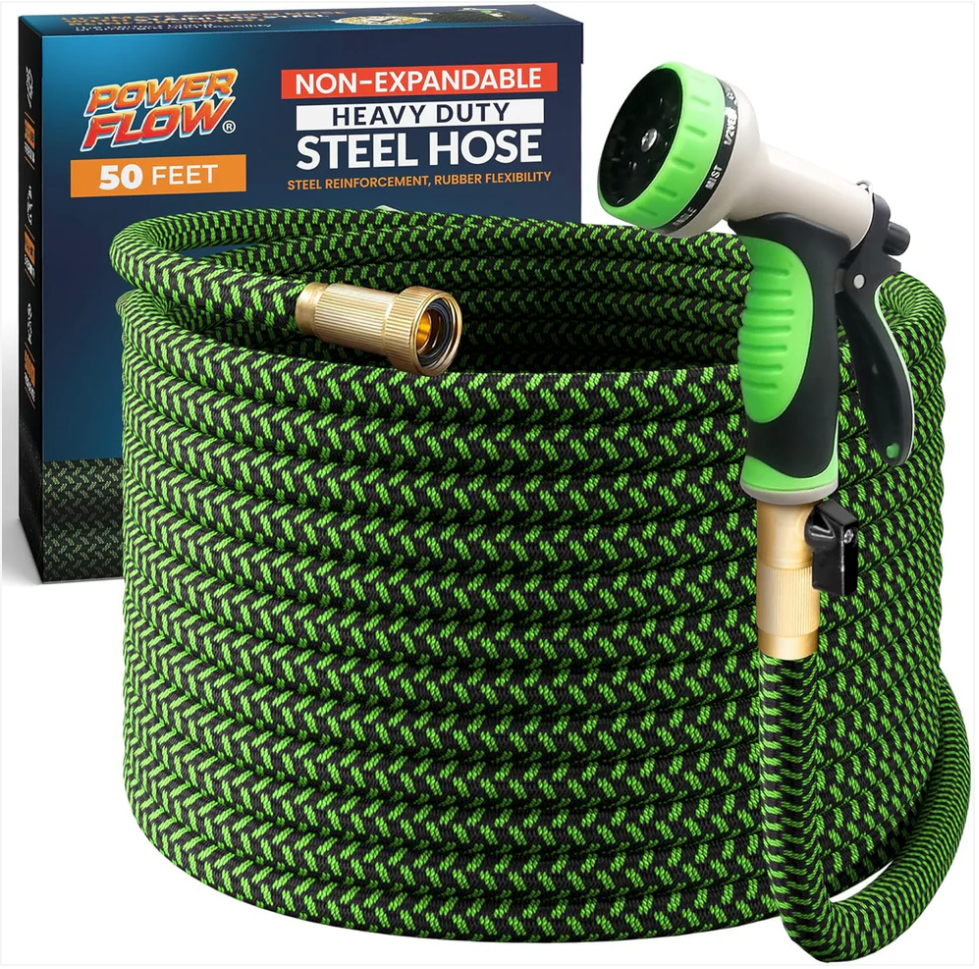 PowerFlow Garden Hose, NON-EXPANDABLE 50 Feet Premium Quality Stainless Steel Metal Water Hose with Durable Fabric Skin, Hose For Commercial, Residential Use, Bonus 10-way Spray Nozzle (50 Ft, Black)