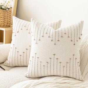 LILEPOY Boho Throw Pillow Covers 18x18 Set of 2 Neutral Decorative Textured Cushion Case Farmhouse Pillowcase Modern Square Pillow Covers for Sofa,Couch, Living Room,Beige and Khaki