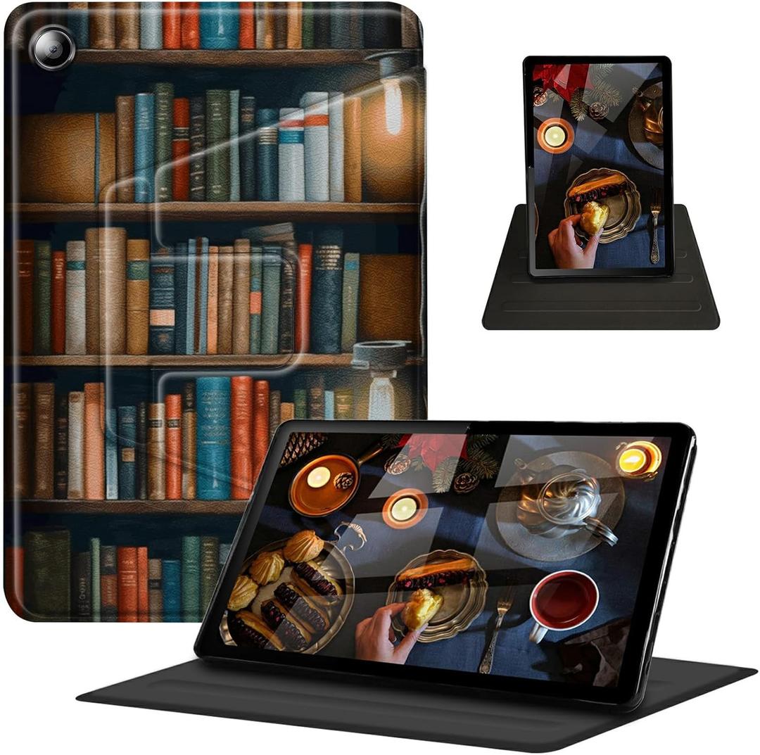 Case for Amazon Kindle Fire 7 Tablet (9th/7th/5th Generation, 2019/2017/2015 Release) 360 Degree Rotating Swivel Stand PU Leather Cover with Auto Wake Sleep, Bookshelf