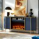 OKD Luxury 70" Fluted Fireplace TV Stand, Modern Chic Entertainment Center for TVs Up to 80 inches, TV Console with Faux Marble Top, Curved Profile Design, Media Console for Living Room, Navy Blue