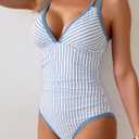 B2prity Women's One Piece Swimsuit Tummy Control Slimming Bathing Suit V Neck Neon Color Block Tie Back Swimwear (Blue, XL)