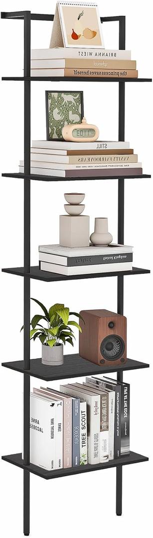 5-Tier Ladder Shelf, Wall Mounted Ladder Bookshelf with Metal Frame, Wood Tall Open Storage Rack and Display Shelves for Home Office Bedroom Living Room, Black