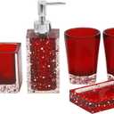LUANT 5-Piece Resin Bathroom Accessory Set with Soap Dish, Dispenser, Toothbrush Holder and Tumbler, Red