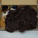 70s Wigs for Men Disco Wig for Halloween Party Short Brown Feathered Hair with Glasses Gold Necklace Mustache