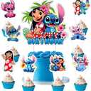 25 Pcs Cake Topper and Cupcake Toppers Set Birthday Party Supplies for Cartoon Blue Themed Birthday Decorations (Stitch)