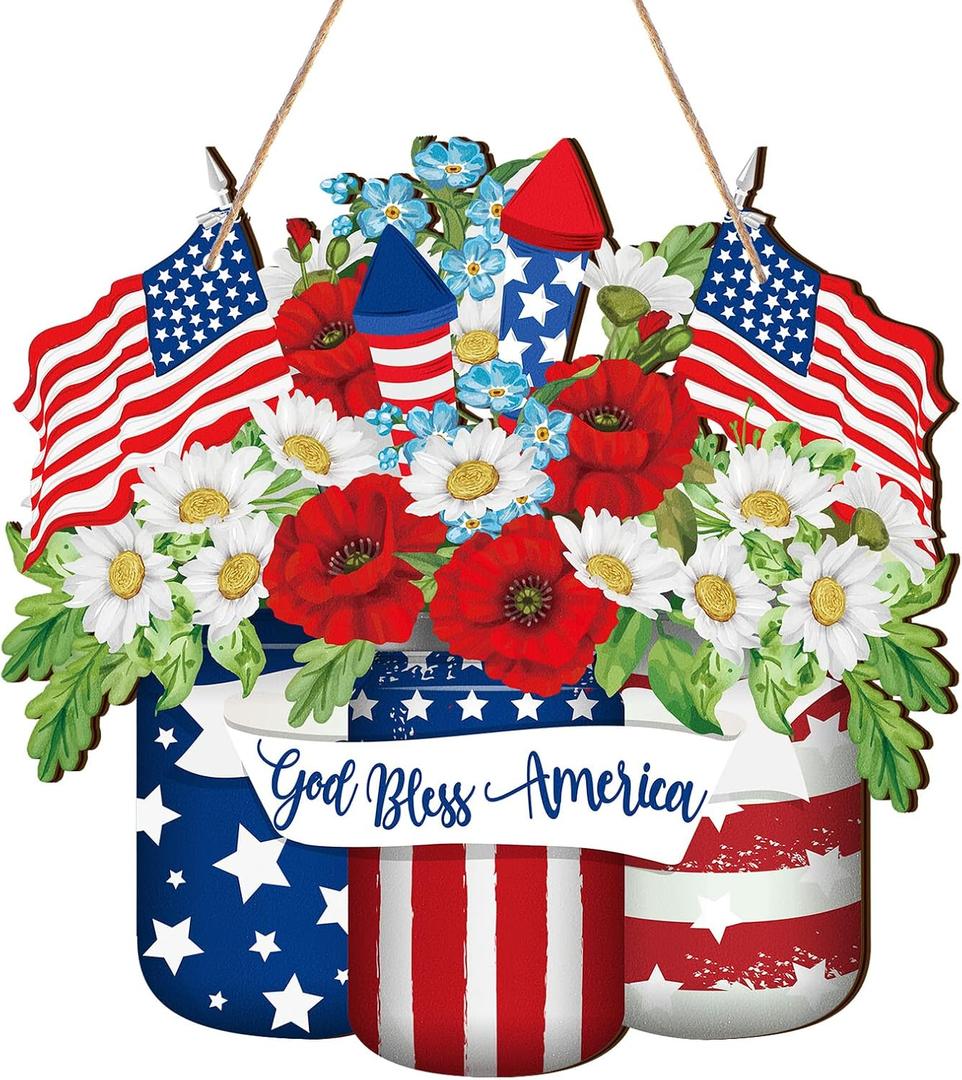 Berlune Labor Day Decorations Patriotic Door Sign Wooden Red White Blue Wreath American Flag Door Hanger 4th of July Decor for Front Porch Wall Home Outdoor(Novel)
