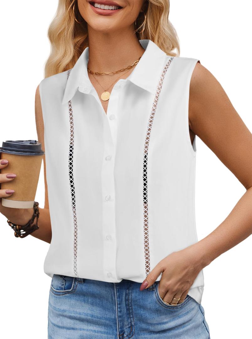 Remidoo Women's Sleeveless Button Down Shirt Eyelet Blouses Collared Tank Tops White Small