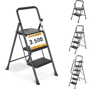 Arbusb Step Ladder, Folding Step Stool with Wide Anti-Slip Pedals, Sturdy Steel Ladder with Handrail, Space-Saving, Portable for Home & Adults, 3 Step Ladder