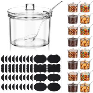 16Pcs Toppings Containers with Lids and Spoon with Tag, 7.1 Oz Clear Acrylic Sugar Salt Dispenser for Countertop, Ice Cream Sundae Toppings, Condiment Organizer Set for Restaurant Supplies