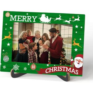 5 x Qiwog Merry Christmas Picture Frame, Winter Holiday Decorations Holiday Gifts, Santa Theme Photo Frame Signs, Wooden Tabletop Photo Frame With Stand, Christmas Frame Gifts for Family Friends-C07