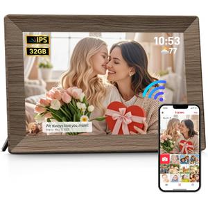 Frameo 10.1" Digital Picture Frame, Smart WiFi Digital Photo Frame with 1280x800 HD IPS Touch Screen 32GB Memory Auto-Rotate Wall Mounted, Share Photos/Videos from Phone Anywhere(Coffee Brown Wood)
