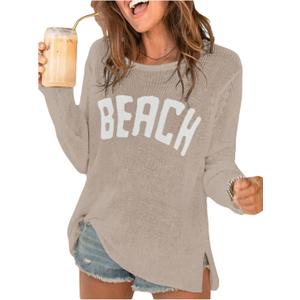 COZYEASE Women's Beach Cover Up Letter Print Long Sleeve Sweater Crew Neck Split Hem Crochet Jumper Top L