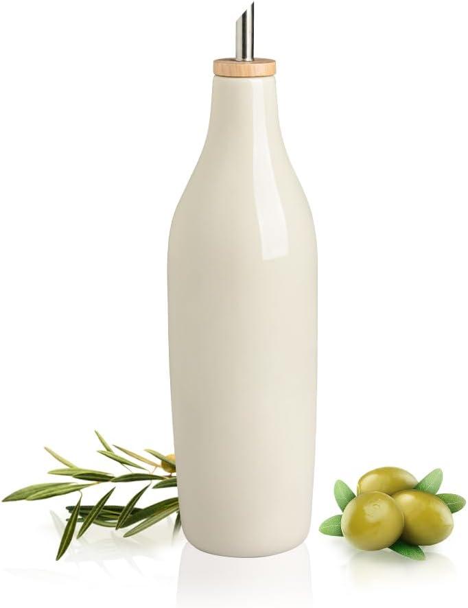 Sweejar Matte Ceramic Olive Oil Dispenser Bottle with Spout, 17 Oz Oil Dispenser for Kitchen Counter, Opaque Oil Cruet for EVOO, Vinegar, Avocado Oil Container for Cooking, Pack of 1 (Beige)