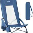 Portal High Back Beach Chair for Adults - Heavy Duty 350 lbs Folding Portable Sand Chair with Cup Holder & Side Pocket, Breathable Mesh Tall Camping Chair with Rotating Feet for Outdoor Travel Blue