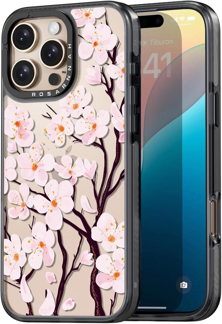 Compatible for iPhone 16 Pro Case Cute - Durable Shockproof 6.6 ft Drop Impact Phone Case - Black Funny Cherry Blossom Design for iPhone 16 Pro 6.3"