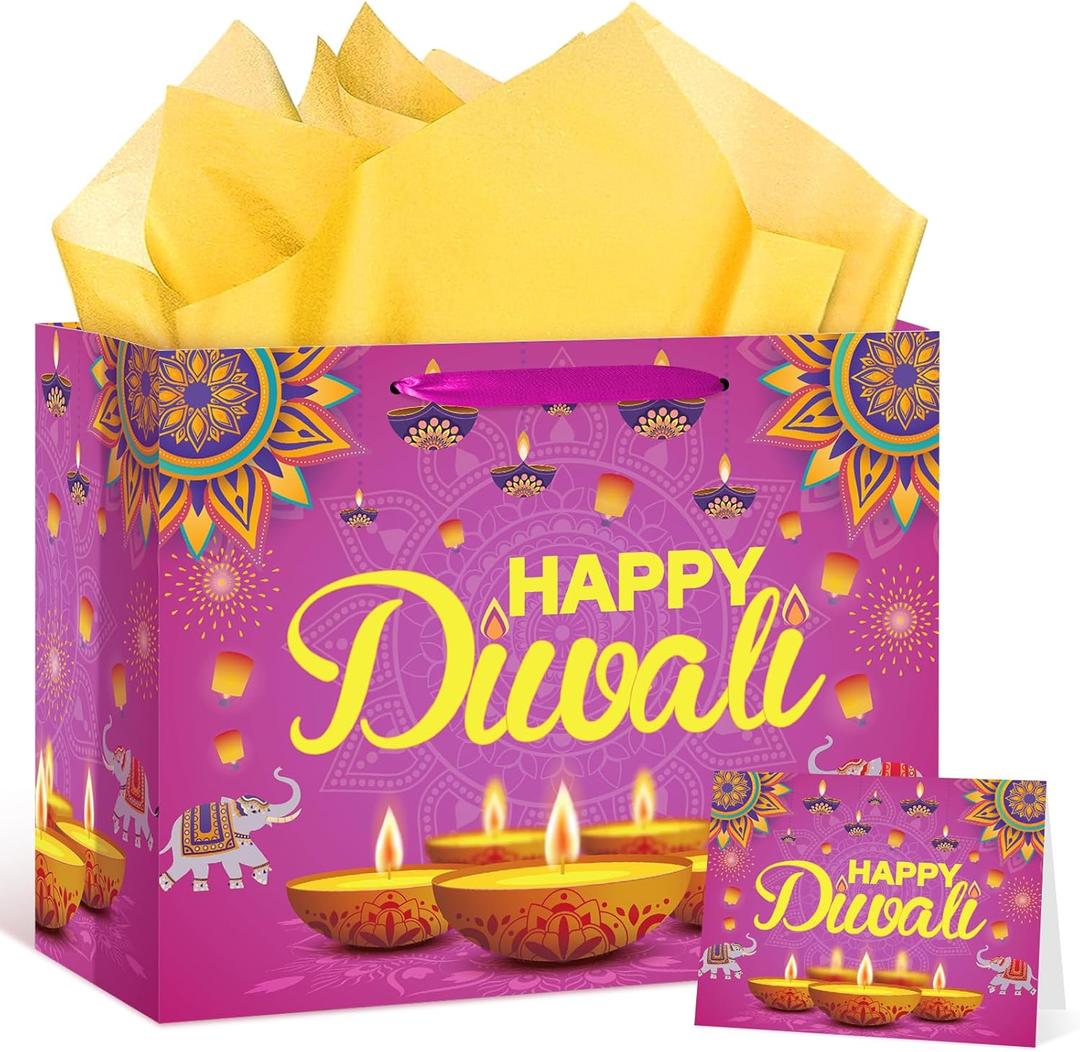 Happy Diwali Gift Bags Diwali Party Supplies Festival of Lights Favors Gift Bags with Wrapping Paper and Card Large Indian Diwali Wrapping Paper Bag Pink Candlelight Goodie Bags Deepavali Decoration