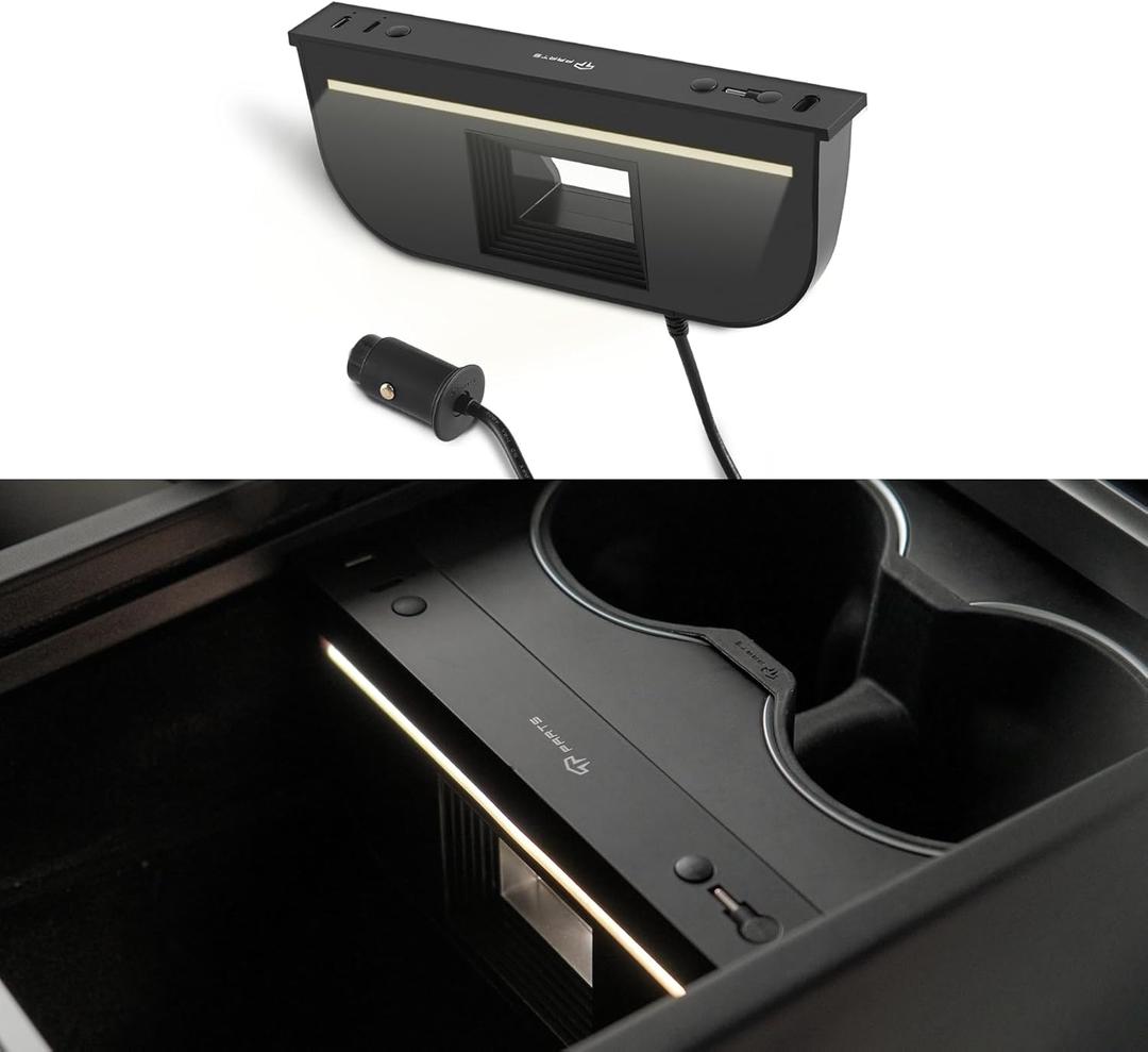 TPARTS 60W USB Hub Charger for Tesla Model Y Juniper 2025-2026/Model 3 Highland 2024+, Multi-Port Center Console Charging Hub with Retractable Cable, Hidden Docking Station M3/Y Interior Accessories