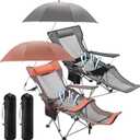 Yuntau 2 Set Reclining Beach Chair and Umbrella for Adults, Outdoor Camping Foldable Sand Chairs with Umbrella, SPF 50+, High Back, with Foot Rest, Cup Holder and Mesh Bag