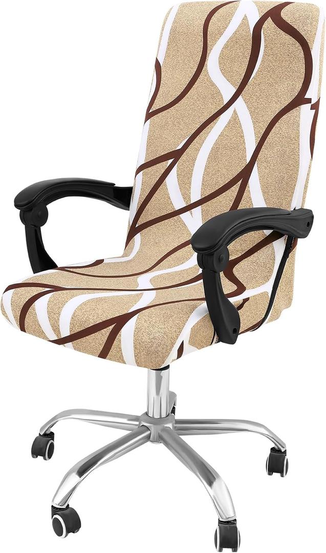 Smiry Stretch Printed Office Computer Chair Covers, Universal Desk Rotating Chair Slipcovers Removable Washable, Soft Fit Anti-Dust Spandex Protector Cover with Zipper, Khaki and White