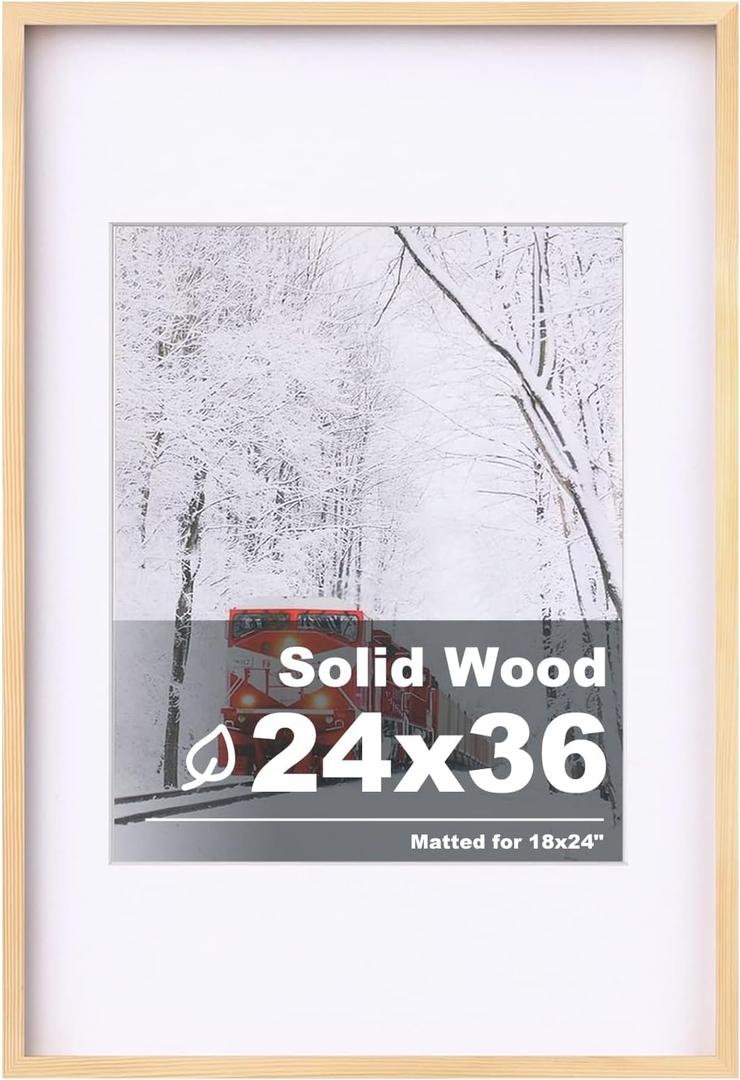 Egofine 24x36 Solid Wood Picture Frame, Made of Solid Wood Covered by Plexiglass 18x24 with Mat 24x36 without Mat, Poster Frame for Wall Mounting Photo Frame Vertically or Horizontally, Natural Wood
