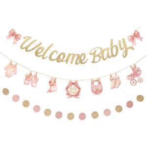 Baby Girl Baby Shower Decorations,3 Pcs Pre-Strung Welcome Baby Banner,Baby in Bloom Garland Decor,Pastel Pink for Girl Baby Shower, Gender Reveal, Newborn Welcome Party