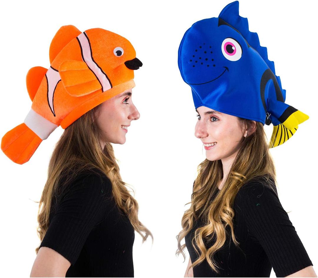 2 x Tigerdoe Fish Hats - Clown Tropical Fish Hat - Costume Hats - Under The Sea Party Hats (2 Pack) - Shark Hat - Blue Orange (Blue, S)