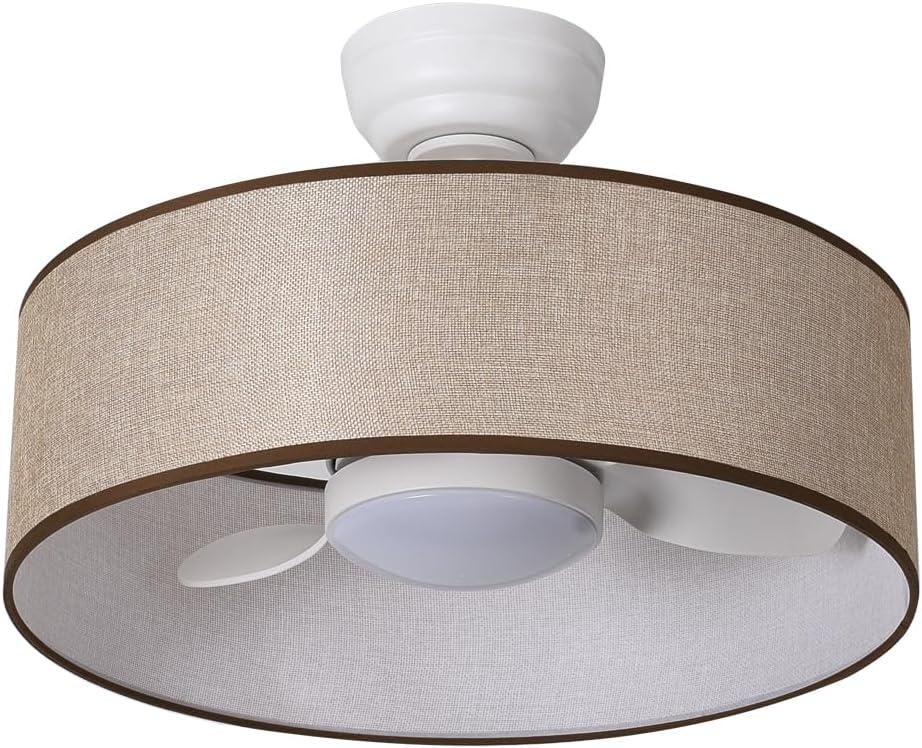 LED 20 Smart Linen Fabric Drum Dimmable Ceiling Fan with Light and Remote,Low Profile Round Lamp Lighting,Small Circle Semi Flush Mount Fandelier Fixture for Indoor Bedroom Dining Kitchen