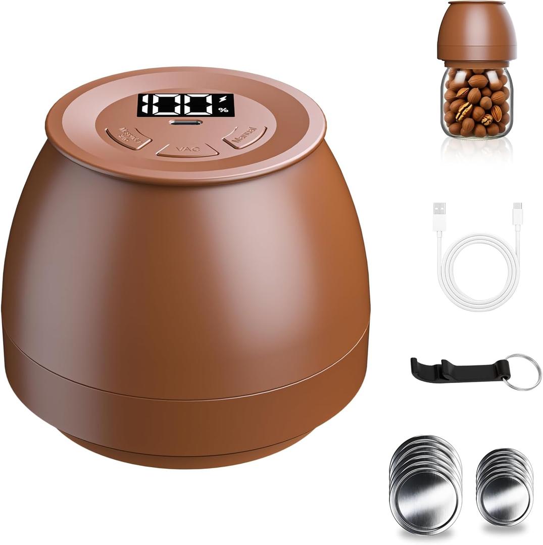 Electric Mason Jar Vacuum Sealer for Regular Mouth and Wide Mouth Canning Jars, Automatic Sealing Machine Kit for Food Storage and Fermentation - Brown