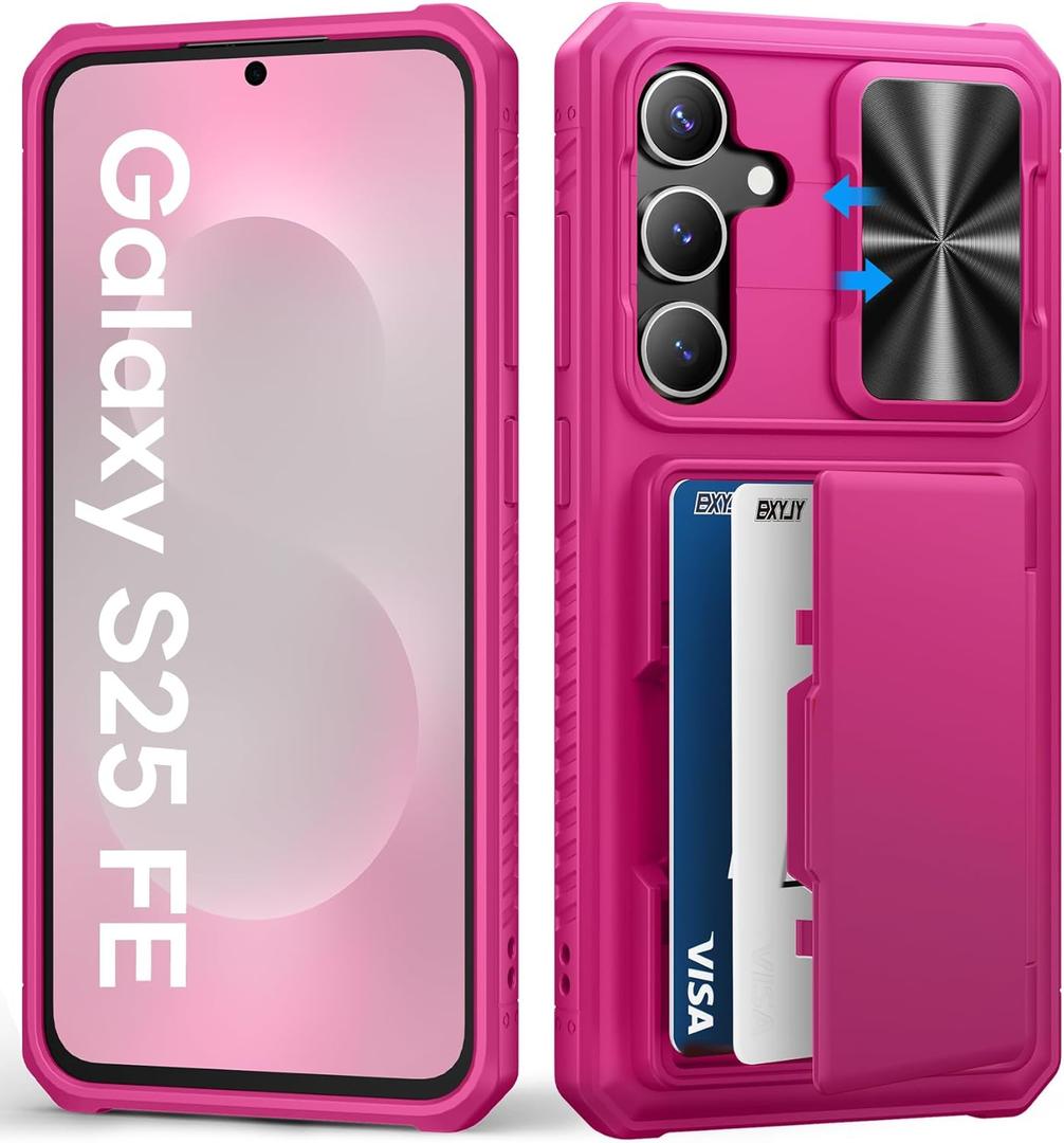 for Samsung Galaxy S25 FE Wallet Case with Card Holder (4-5 Cards), Slide Camera Cover, Military Drop Protection, Rugged Women Girly Men Protective Phone Case for Galaxy S25 FE 6.7", Hot Pink