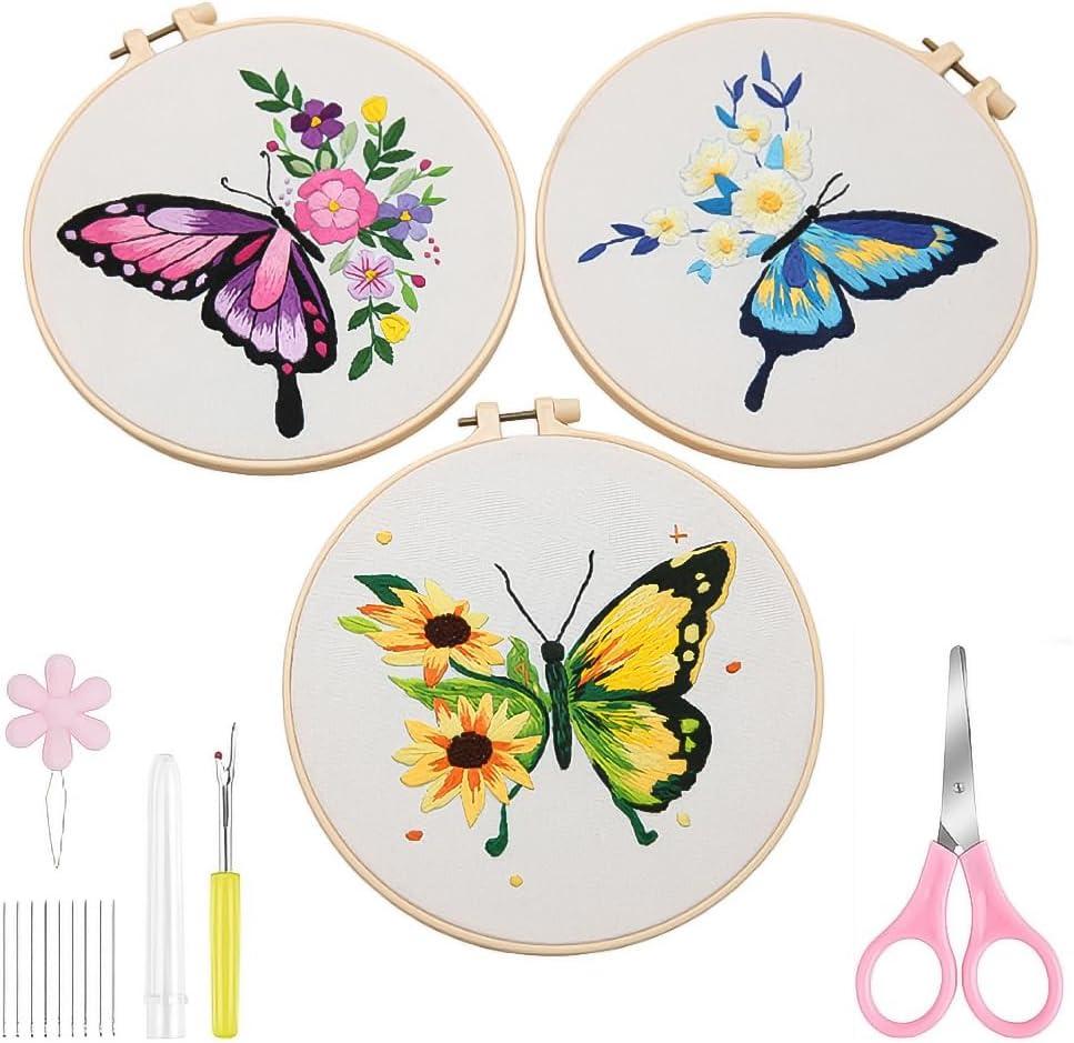 Whimma 3 Pieces Set DIY Embroidery Kit Butterfly Flowers Cute Embroidery Starter Crafts 3 Sets Beginner Embroidery Kit for Adults & Kids Needlepoint Cross Stitch