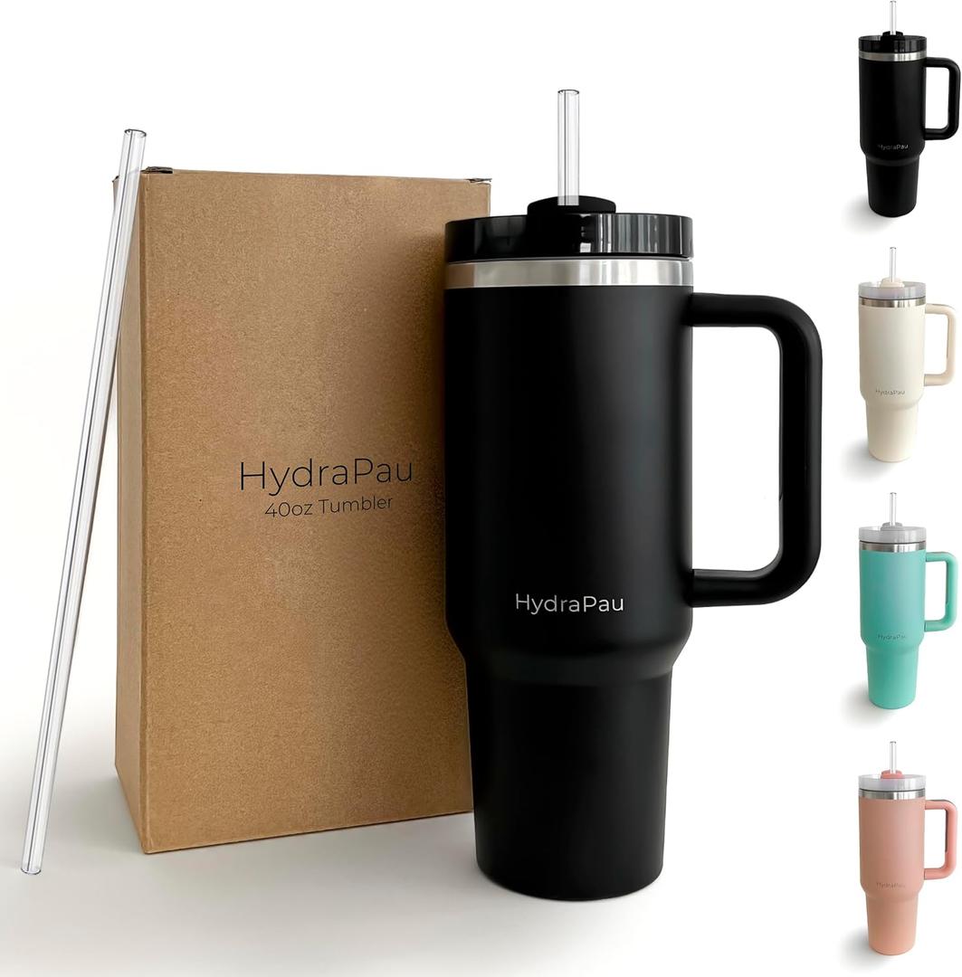 HydraPau Quencher 40oz Tumbler With Handle, Lid, Straw - Double Wall Vacuum Insulation - Silicone Straw Grip - Car Cupholder Compatible - Dishwasher Safe - Recycled Stainless Steel (Black)