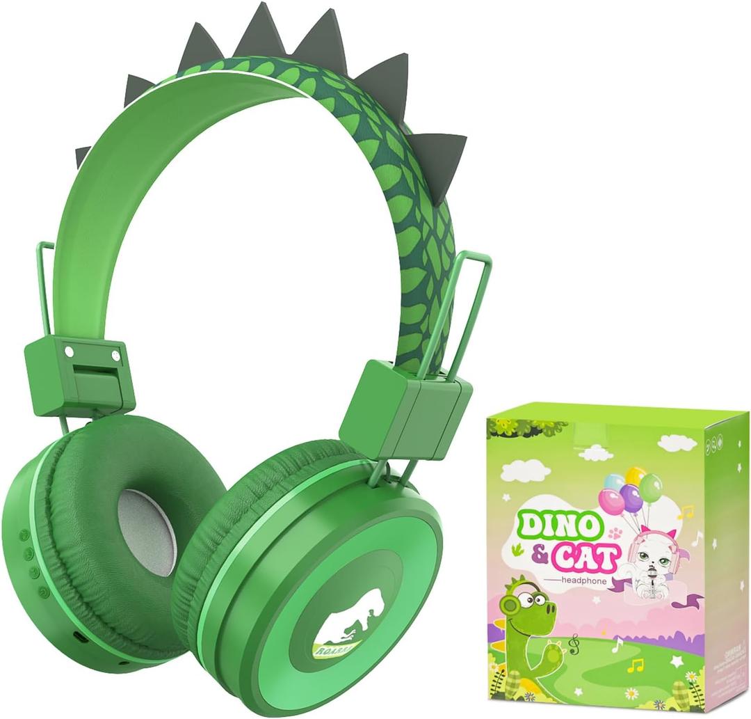 QearFun Kids Bluetooth Headphones, Dinosaur Kids Headphones Wireless with Microphone, Safe Volume 85 dBA, Bluetooth 5.3, Girls Toddler Headphones with Aux Cord for iPad/Tablet/Travel/School, Green