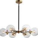 JONATHAN Y 28" Black/Brass Gold Modern 6-Light Cluster Pendant Chandelier, Clear Glass Shade Hanging Fixture for Kitchen Island Dining Room, LED Bulbs Included, Dimmable JYL9015A