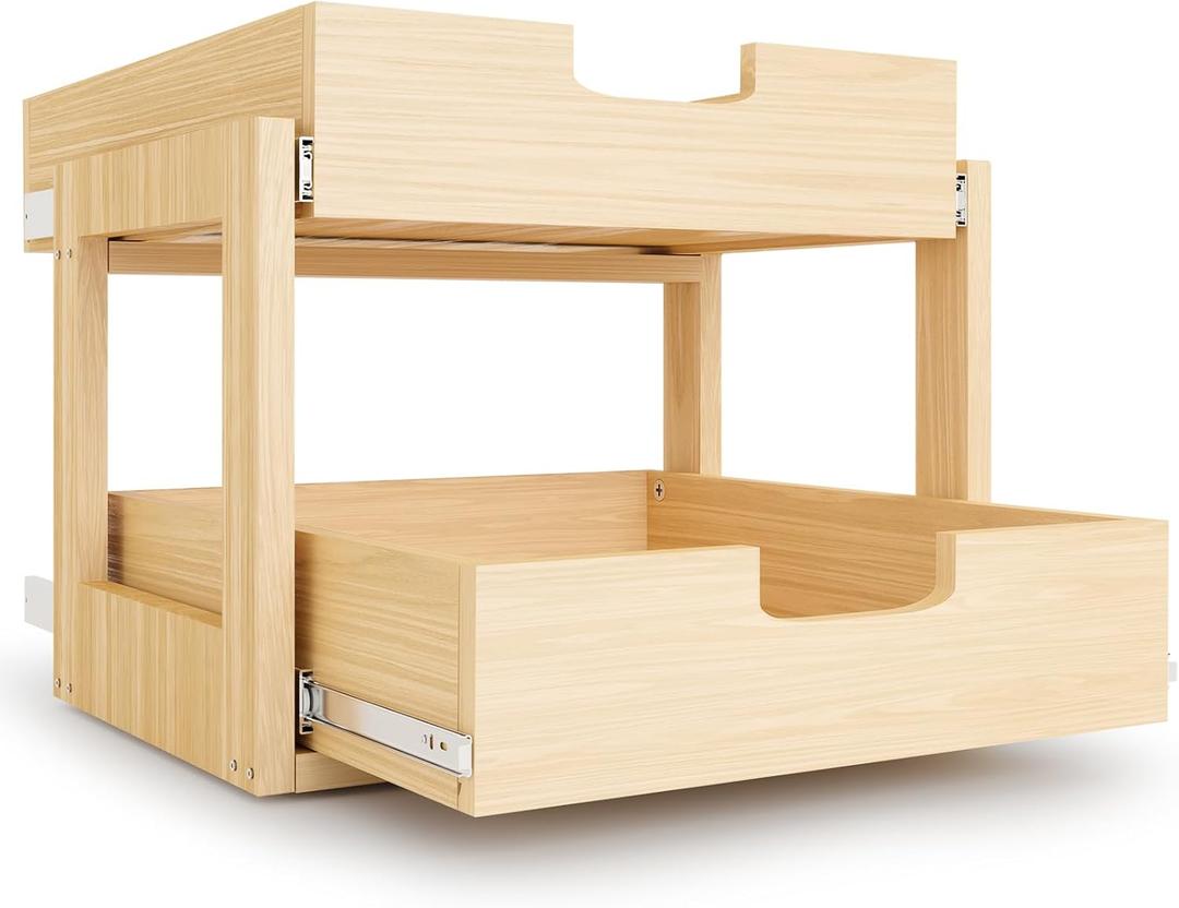 Pull Out Cabinet Organizer, 14''W21''D16''H Soft Close Slide Out Wooden Pull out Drawers, Double Tier Slide out Wood Cabinet Organizer, for Base Cabinet Organization in Kitchen, Pantry, Bathroom