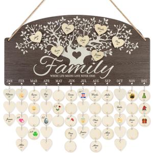 CHDITB Personalized Family Tree Birthday Reminder Board(16"x8"), Wooden Family Birthday Tracker Wall Hanging with 100 Tags, DIY Birthday Gifts for Mother Grandma Friends Family (Brown)