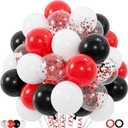 100pcs Red and Black Balloons, 12inch Red and White With Confetti Balloons for Class of 2025 Graduation, Birthday Decorations, Baby Shower, Casino, Race Car Party Supplies (2 Ribbons)