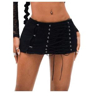 MakeMeChic Women's Lace Up Denim Mini Skirt Criss Cross Summer Y2K Going Out Jean Skirts Black, Medium 