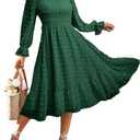 Amegoya Women's Fall Long Sleeve Midi Dress Flowy Square Neck Smocked Waist Swiss Dot Wedding Guest Dresses (Emerald Green, Medium)