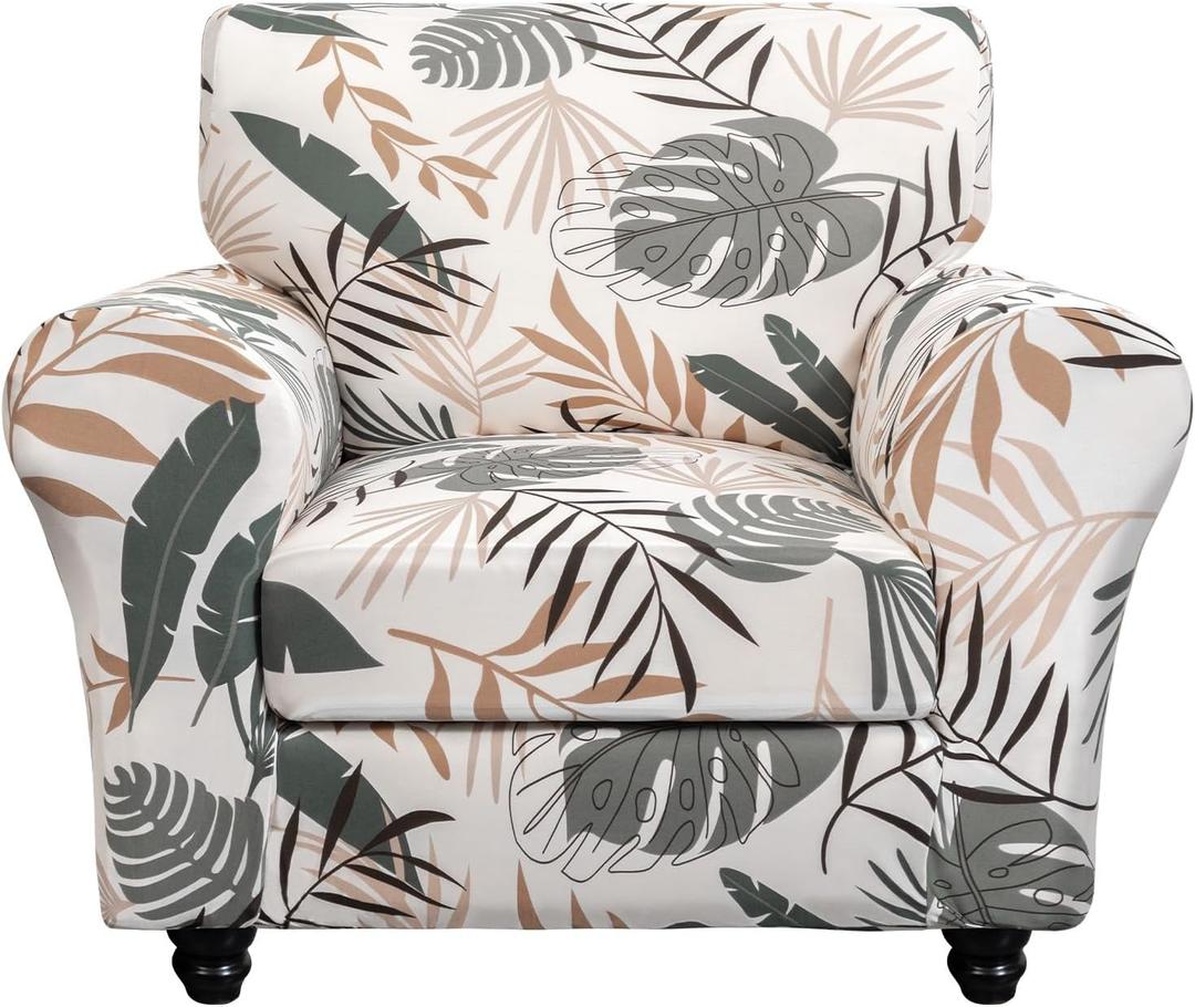 SearchI Stretch Sofa Cover Printed Couch Covers, Floral Pattern 2 Piece Armchair Slipcover with Separate Chair Cushion Cover, Washable Furniture Protector for Living Room(Armchair, Botanical Palm) (Small)
