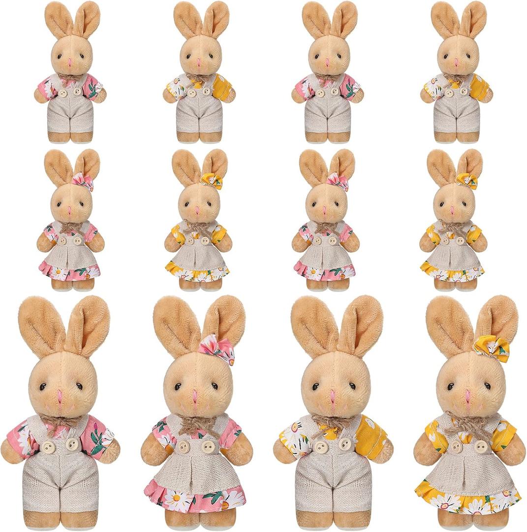 Skylety 12 Pcs Mini Easter Bunny Stuffed Animal Bulk Adopt a Bunny Party Favor Small Couple Rabbit Plushie Burlap Floral Decor Cute Soft Rabbit Plush for Easter Basket Party Favor, 4 Inch(Vivid Style)