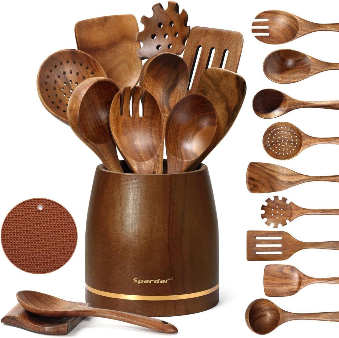 Spardar Wooden Spoons for Cooking, 12 Pcs Teak Wooden Utensil Set with 9 Pcs Spoons, Spoon Rest, 4.2" Utensil Holder, and Potholder for Kitchen Decor & Housewarming Gift