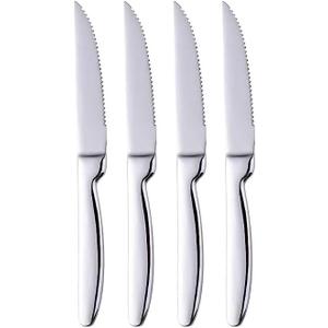 Set of 4 Stainless Steel Steak Knives, Corrosion Resistant, Serrated Sharp Blade, Stainless Steel Handle, Kitchen Table Knife (Silver)