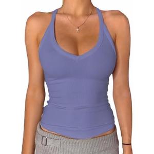 Danysu V Neck Racer Back Tank Top for Women Padded Ribbed Long Tank Fitted Basic Cami Tops, M