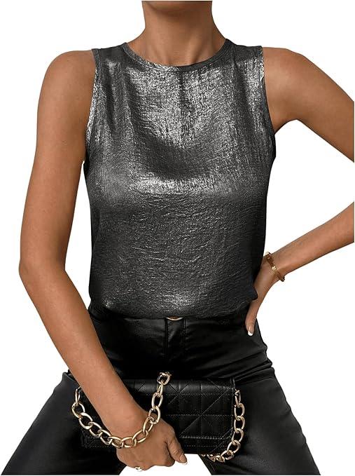 SOLY HUX Women's Metallic Tank Top Round Neck Sleeveless Casual Summer Tops Pure Black Large